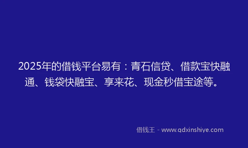 2025年的借钱平台易有：青石信贷、借款宝快融通、钱袋快融宝、享来花、现金秒借宝途等。