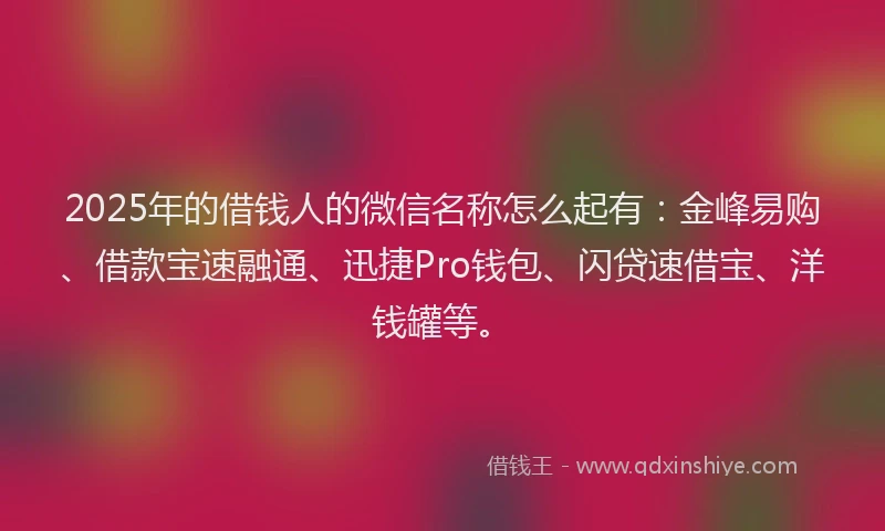 2025年的借钱人的微信名称怎么起有：金峰易购、借款宝速融通、迅捷Pro钱包、闪贷速借宝、洋钱罐等。