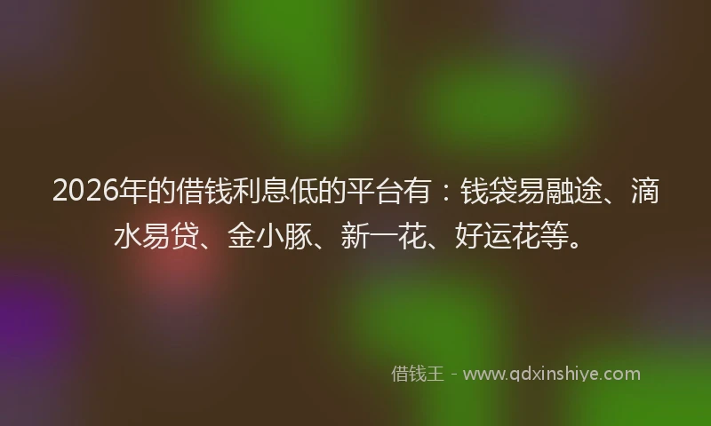 2026年的借钱利息低的平台有：钱袋易融途、滴水易贷、金小豚、新一花、好运花等。