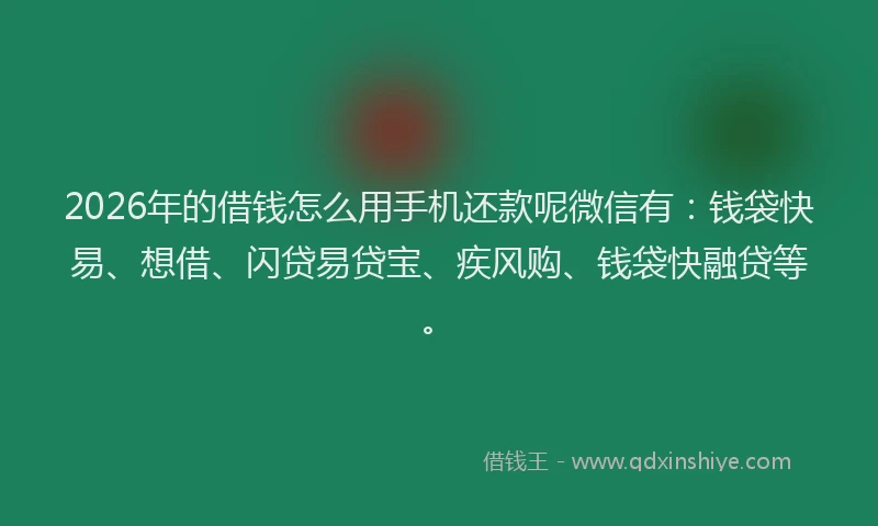 2026年的借钱怎么用手机还款呢微信有：钱袋快易、想借、闪贷易贷宝、疾风购、钱袋快融贷等。