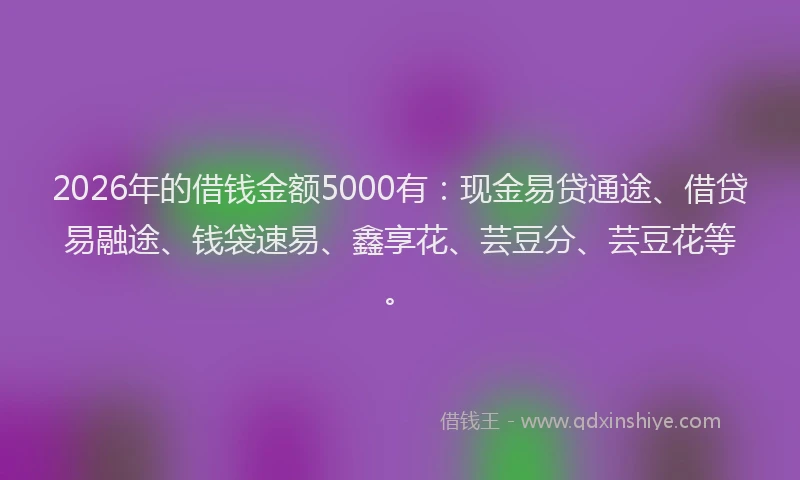 2026年的借钱金额5000有：现金易贷通途、借贷易融途、钱袋速易、鑫享花、芸豆分、芸豆花等。