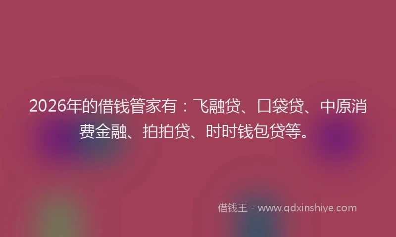 2026年的借钱管家有：飞融贷、口袋贷、中原消费金融、拍拍贷、时时钱包贷等。