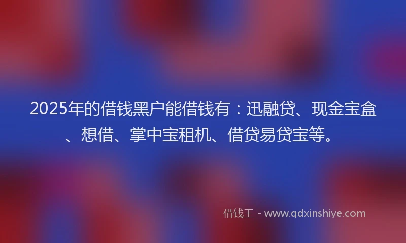 2025年的借钱黑户能借钱有:迅融贷、现金宝盒、想借、掌中宝租机、借贷易贷宝等。