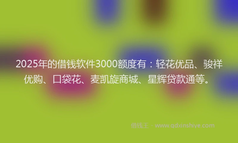 2025年的借钱软件3000额度有：轻花优品、骏祥优购、口袋花、麦凯旋商城、星辉贷款通等。
