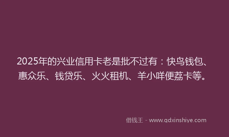 2025年的兴业信用卡老是批不过有:快鸟钱包、惠众乐、钱贷乐、火火租机、羊小咩便荔卡等。