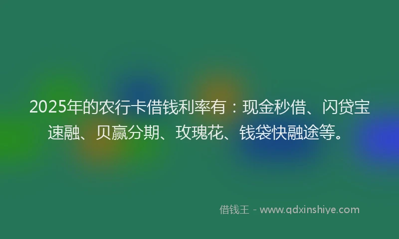 2025年的农行卡借钱利率有:现金秒借、闪贷宝速融、贝赢分期、玫瑰花、钱袋快融途等。