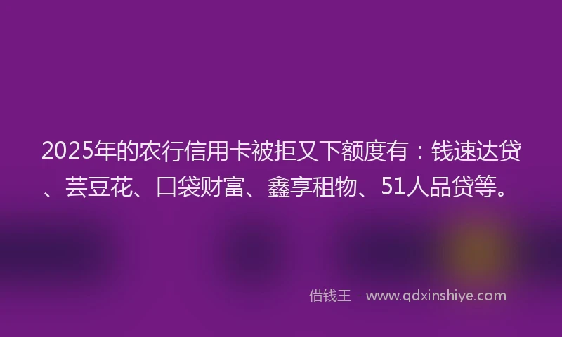 2025年的农行信用卡被拒又下额度有：钱速达贷、芸豆花、口袋财富、鑫享租物、51人品贷等。