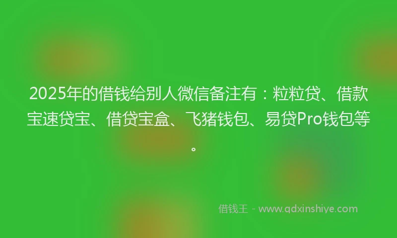 2025年的借钱给别人微信备注有：粒粒贷、借款宝速贷宝、借贷宝盒、飞猪钱包、易贷Pro钱包等。