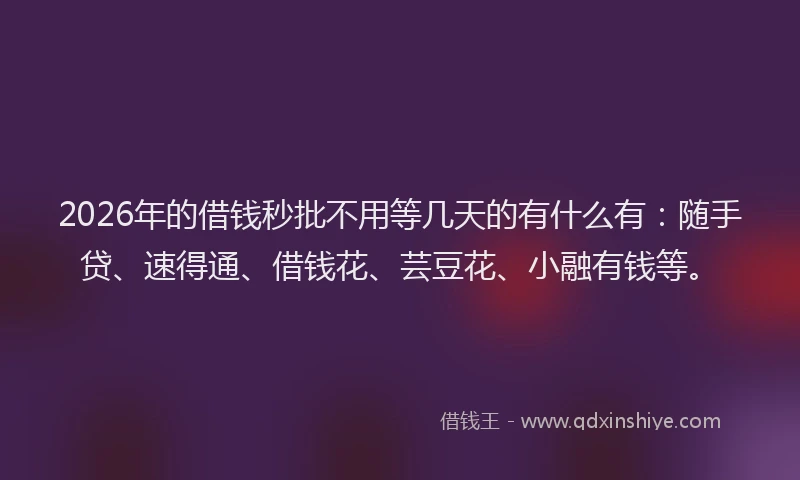 2026年的借钱秒批不用等几天的有什么有：随手贷、速得通、借钱花、芸豆花、小融有钱等。