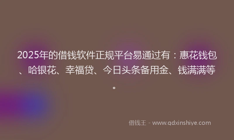 2025年的借钱软件正规平台易通过有：惠花钱包、哈银花、幸福贷、今日头条备用金、钱满满等。