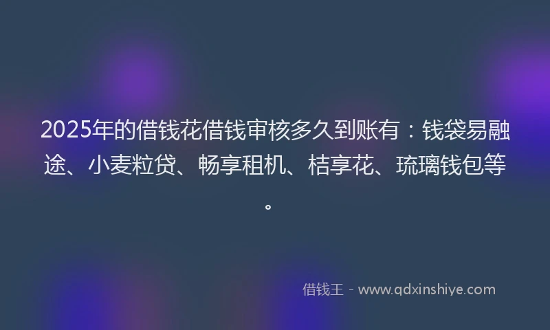 2025年的借钱花借钱审核多久到账有:钱袋易融途、小麦粒贷、畅享租机、桔享花、琉璃钱包等。