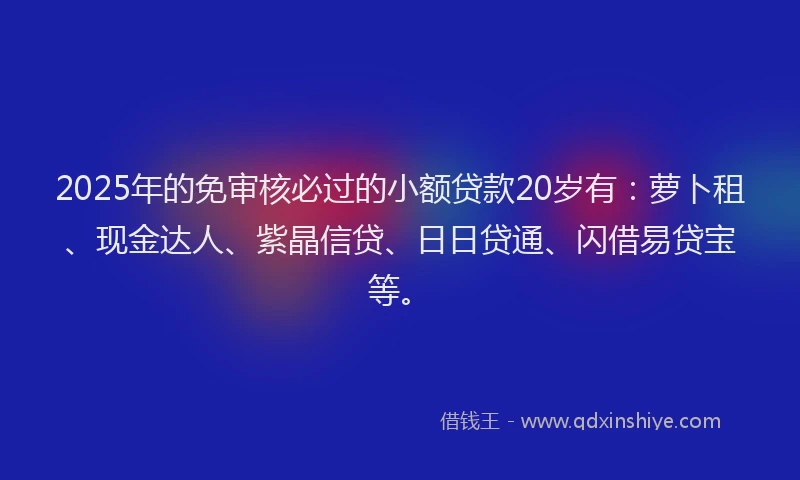 2025年的免审核必过的小额贷款20岁有：萝卜租、现金达人、紫晶信贷、日日贷通、闪借易贷宝等。