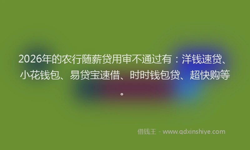 2026年的农行随薪贷用审不通过有:洋钱速贷、小花钱包、易贷宝速借、时时钱包贷、超快购等。