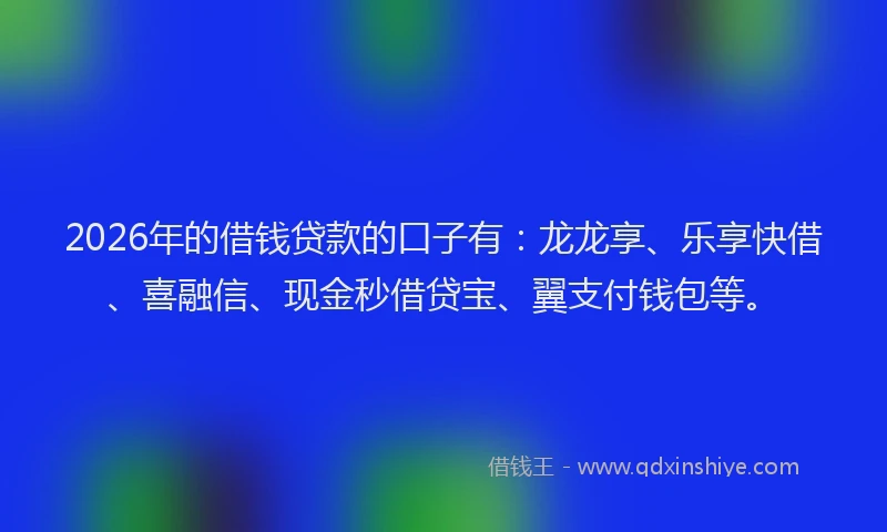 2026年的借钱贷款的口子有：龙龙享、乐享快借、喜融信、现金秒借贷宝、翼支付钱包等。