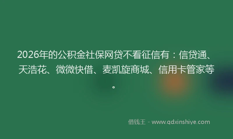 2026年的公积金社保网贷不看征信有：信贷通、天浩花、微微快借、麦凯旋商城、信用卡管家等。