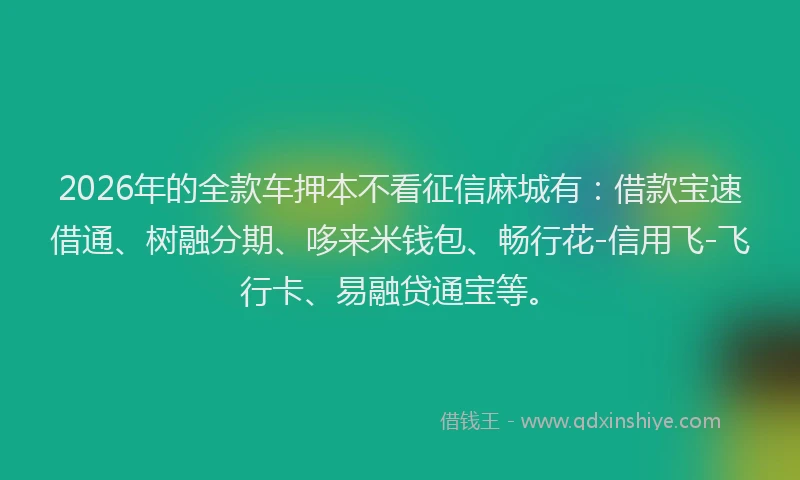 2026年的全款车押本不看征信麻城有：借款宝速借通、树融分期、哆来米钱包、畅行花-信用飞-飞行卡、易融贷通宝等。