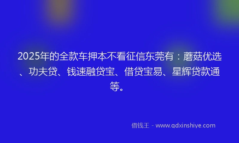 2025年的全款车押本不看征信东莞有:蘑菇优选、功夫贷、钱速融贷宝、借贷宝易、星辉贷款通等。