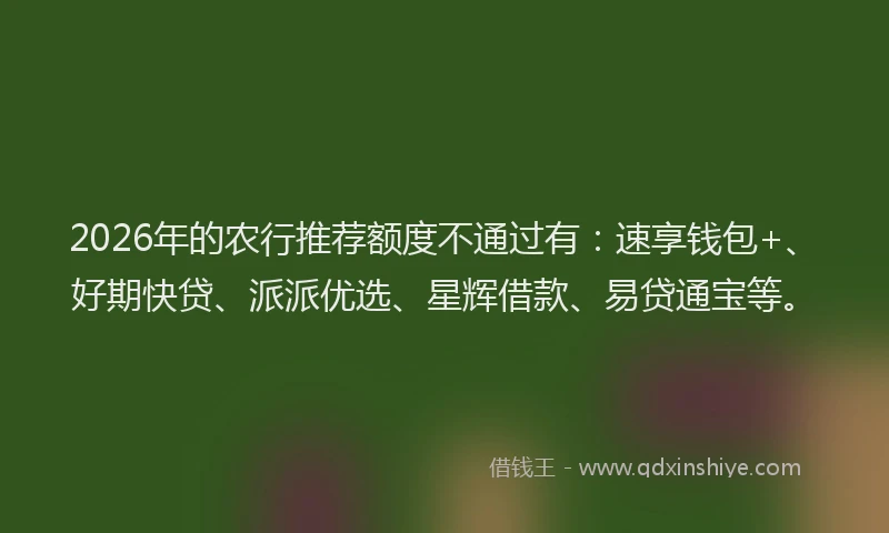 2026年的农行推荐额度不通过有：速享钱包+、好期快贷、派派优选、星辉借款、易贷通宝等。
