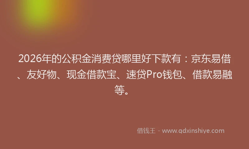 2026年的公积金消费贷哪里好下款有:京东易借、友好物、现金借款宝、速贷Pro钱包、借款易融等。