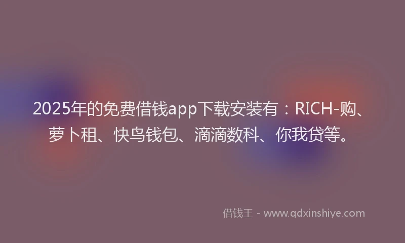 2025年的免费借钱app下载安装有:RICH-购、萝卜租、快鸟钱包、滴滴数科、你我贷等。