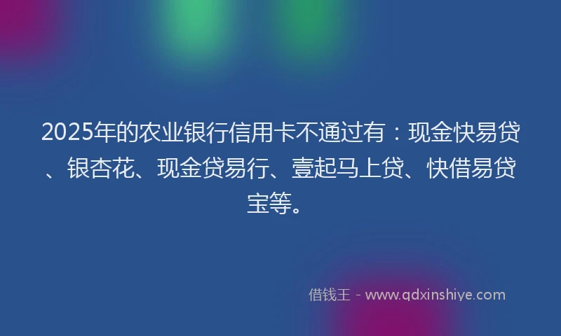 2025年的农业银行信用卡不通过有:现金快易贷、银杏花、现金贷易行、壹起马上贷、快借易贷宝等。