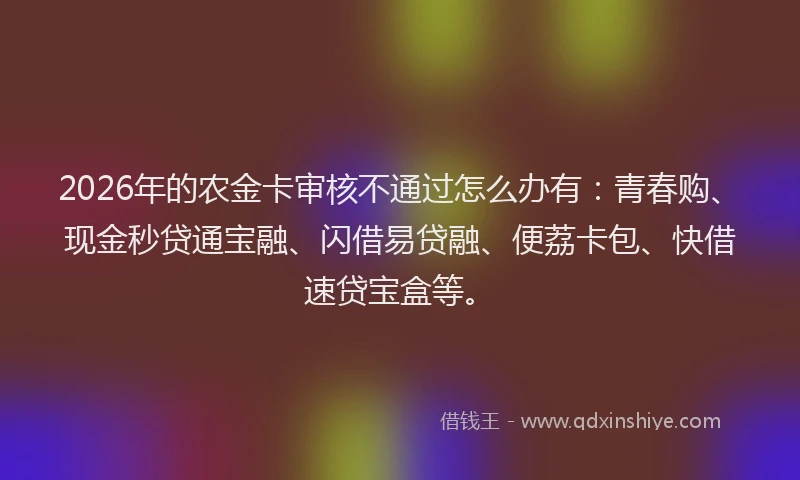 2026年的农金卡审核不通过怎么办有：青春购、现金秒贷通宝融、闪借易贷融、便荔卡包、快借速贷宝盒等。
