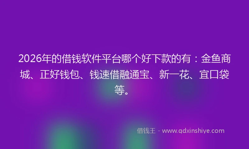 2026年的借钱软件平台哪个好下款的有：金鱼商城、正好钱包、钱速借融通宝、新一花、宜口袋等。