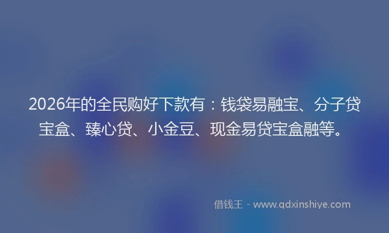 2026年的全民购好下款有：钱袋易融宝、分子贷宝盒、臻心贷、小金豆、现金易贷宝盒融等。