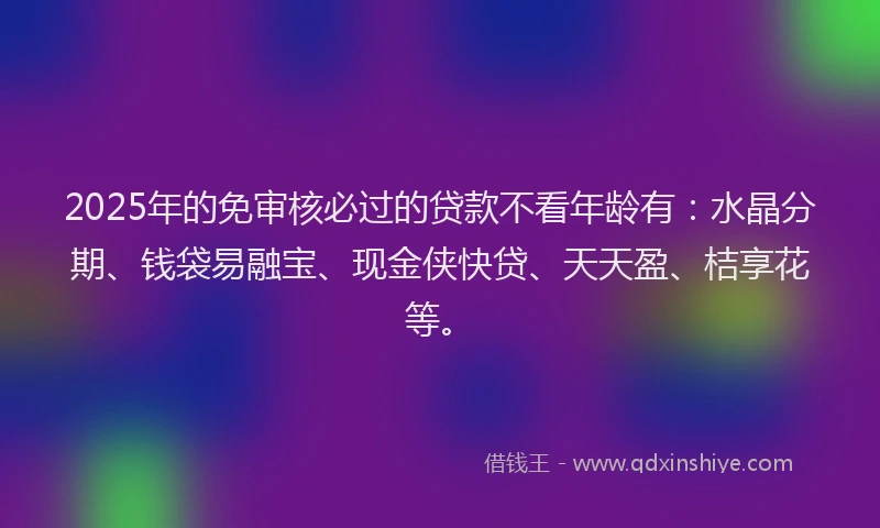 2025年的免审核必过的贷款不看年龄有:水晶分期、钱袋易融宝、现金侠快贷、天天盈、桔享花等。