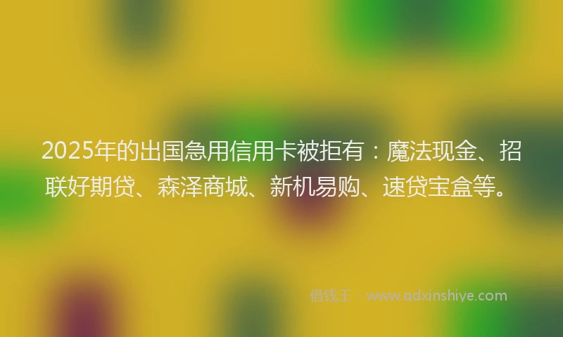 2025年的出国急用信用卡被拒有：魔法现金、招联好期贷、森泽商城、新机易购、速贷宝盒等。