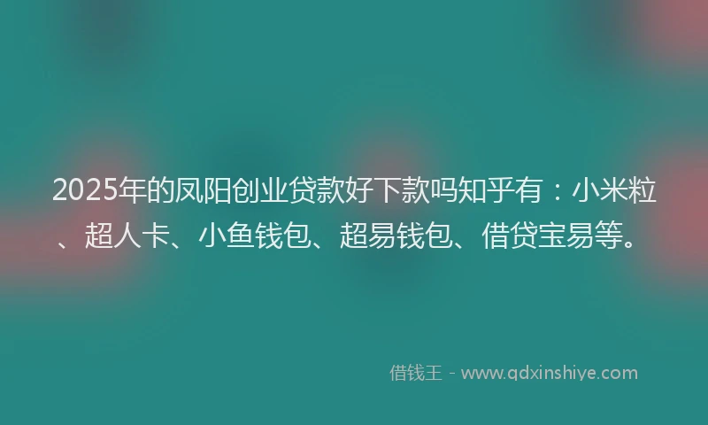 2025年的凤阳创业贷款好下款吗知乎有：小米粒、超人卡、小鱼钱包、超易钱包、借贷宝易等。