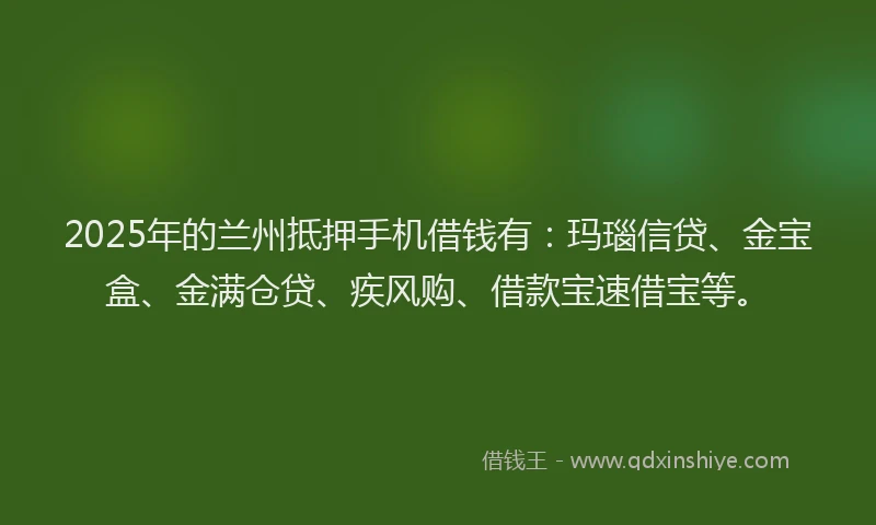 2025年的兰州抵押手机借钱有:玛瑙信贷、金宝盒、金满仓贷、疾风购、借款宝速借宝等。