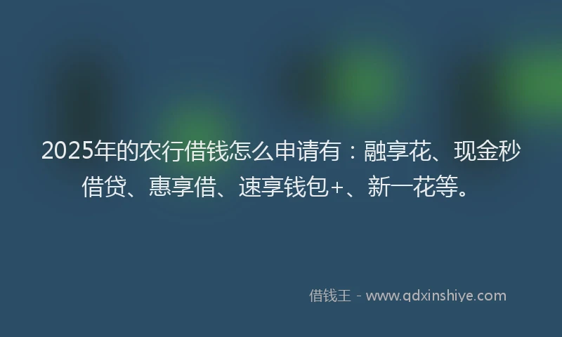 2025年的农行借钱怎么申请有:融享花、现金秒借贷、惠享借、速享钱包+、新一花等。