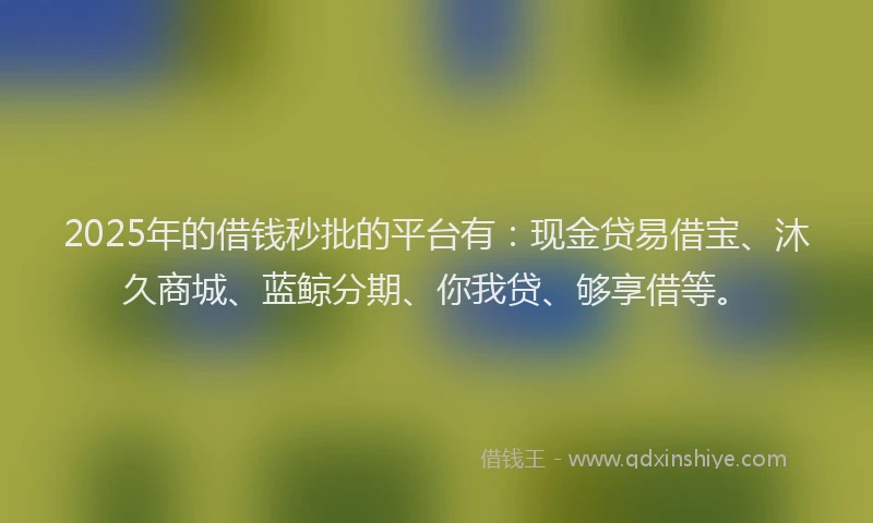 2025年的借钱秒批的平台有：现金贷易借宝、沐久商城、蓝鲸分期、你我贷、够享借等。