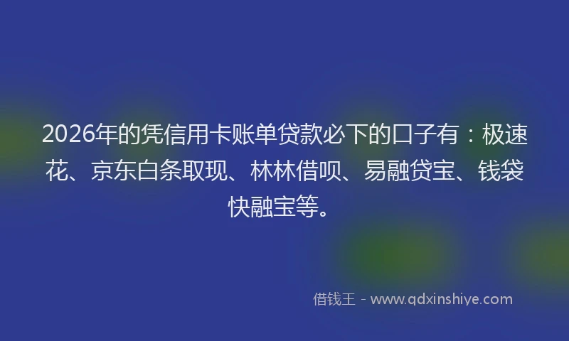 2026年的凭信用卡账单贷款必下的口子有:极速花、京东白条取现、林林借呗、易融贷宝、钱袋快融宝等。