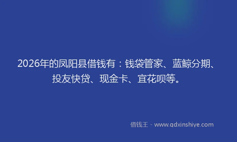 2026年的凤阳县借钱有：钱袋管家、蓝鲸分期、投友快贷、现金卡、宜花呗等。