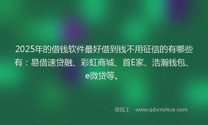 2025年的借钱软件最好借到钱不用征信的有哪些有：易借速贷融、彩虹商城、首E家、浩瀚钱包、e微贷等。