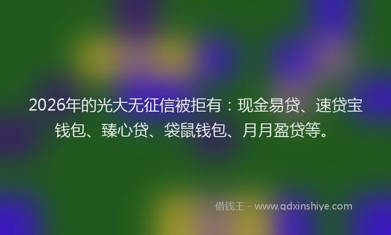2026年的光大无征信被拒有:现金易贷、速贷宝钱包、臻心贷、袋鼠钱包、月月盈贷等。