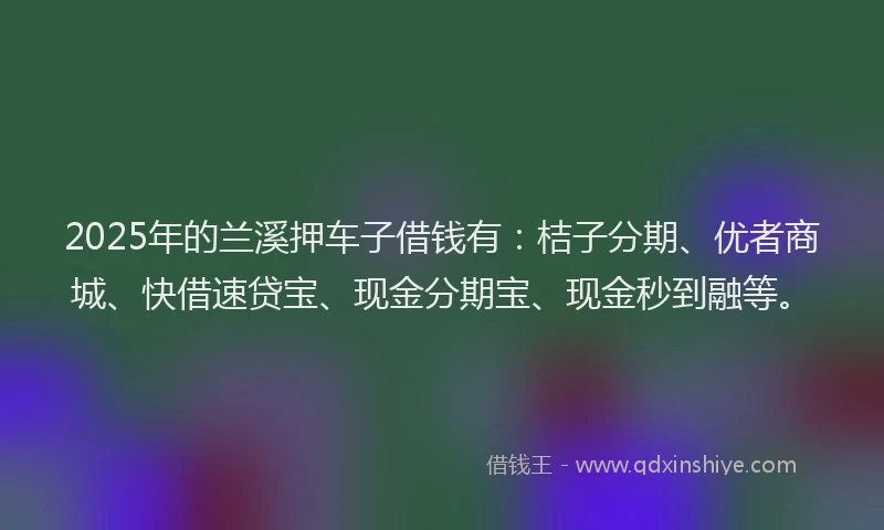 2025年的兰溪押车子借钱有:桔子分期、优者商城、快借速贷宝、现金分期宝、现金秒到融等。