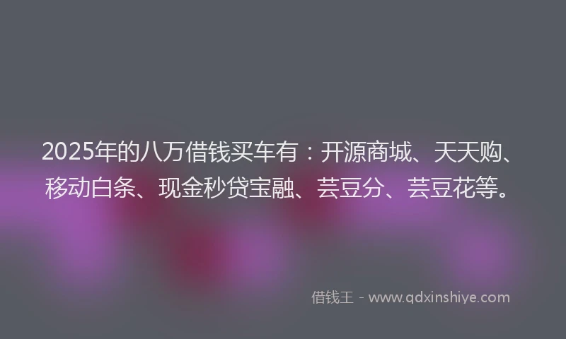 2025年的八万借钱买车有:开源商城、天天购、移动白条、现金秒贷宝融、芸豆分、芸豆花等。