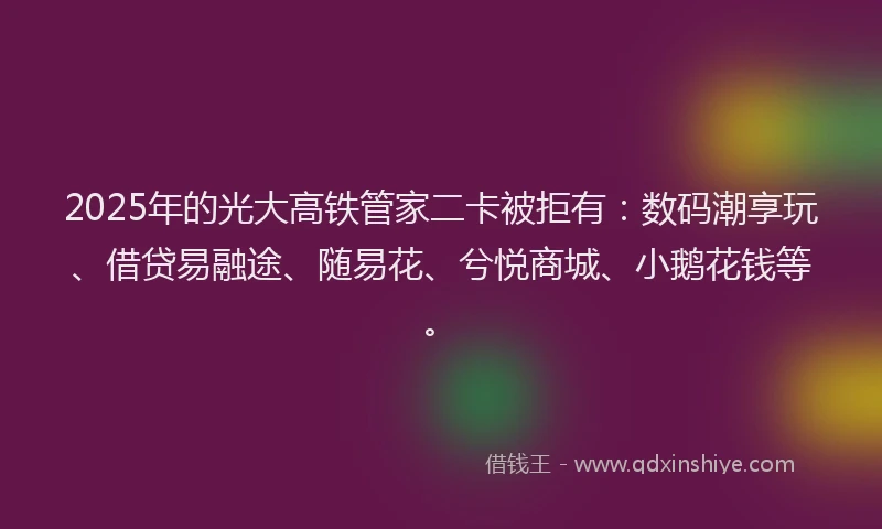 2025年的光大高铁管家二卡被拒有：数码潮享玩、借贷易融途、随易花、兮悦商城、小鹅花钱等。