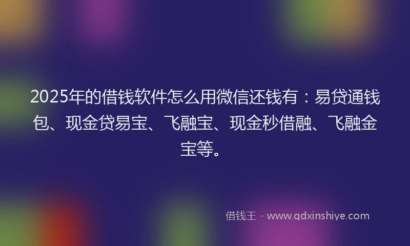 2025年的借钱软件怎么用微信还钱有:易贷通钱包、现金贷易宝、飞融宝、现金秒借融、飞融金宝等。