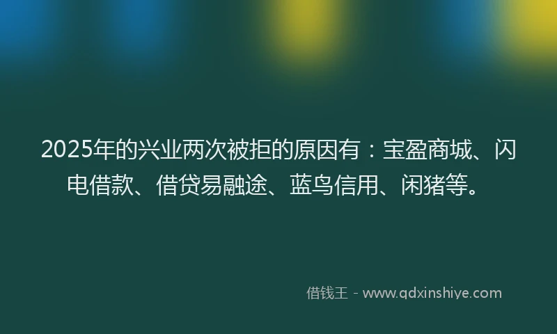 2025年的兴业两次被拒的原因有：宝盈商城、闪电借款、借贷易融途、蓝鸟信用、闲猪等。