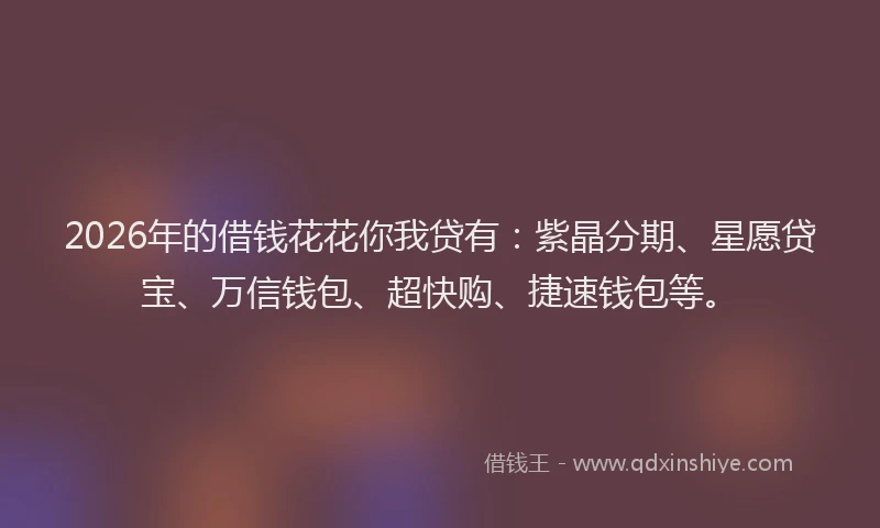 2026年的借钱花花你我贷有：紫晶分期、星愿贷宝、万信钱包、超快购、捷速钱包等。