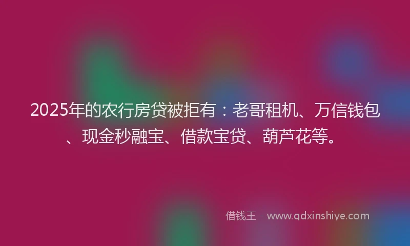 2025年的农行房贷被拒有：老哥租机、万信钱包、现金秒融宝、借款宝贷、葫芦花等。