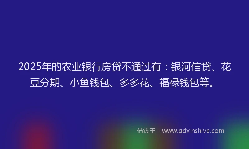 2025年的农业银行房贷不通过有:银河信贷、花豆分期、小鱼钱包、多多花、福禄钱包等。