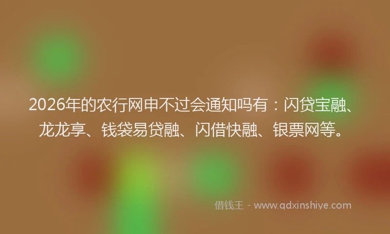 2026年的农行网申不过会通知吗有：闪贷宝融、龙龙享、钱袋易贷融、闪借快融、银票网等。