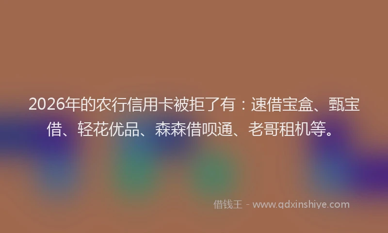 2026年的农行信用卡被拒了有:速借宝盒、甄宝借、轻花优品、森森借呗通、老哥租机等。