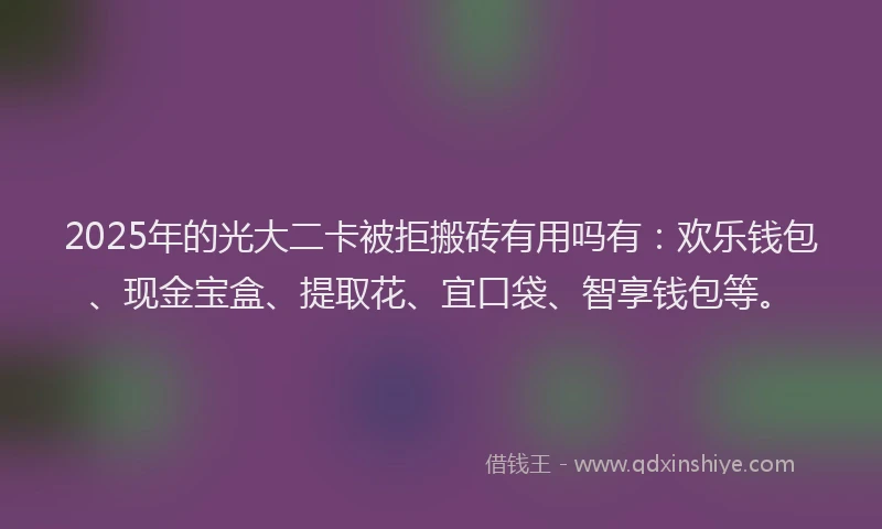 2025年的光大二卡被拒搬砖有用吗有：欢乐钱包、现金宝盒、提取花、宜口袋、智享钱包等。