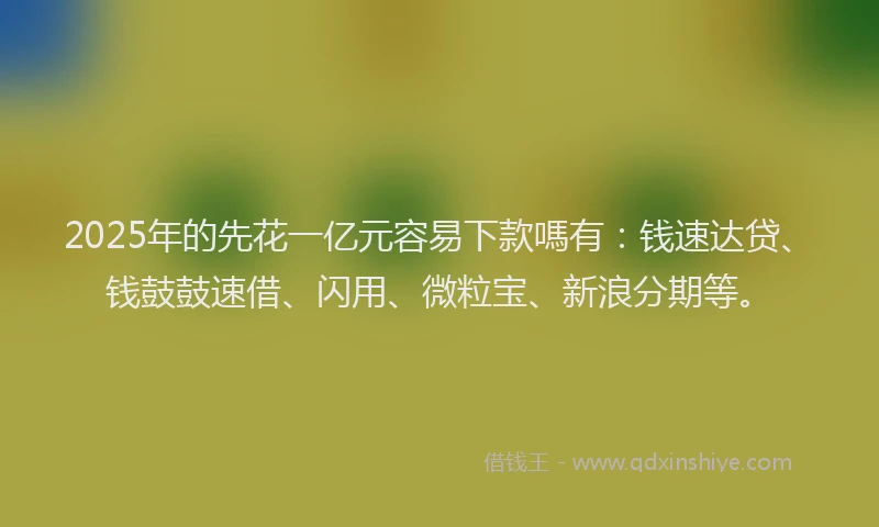 2025年的先花一亿元容易下款嗎有：钱速达贷、钱鼓鼓速借、闪用、微粒宝、新浪分期等。